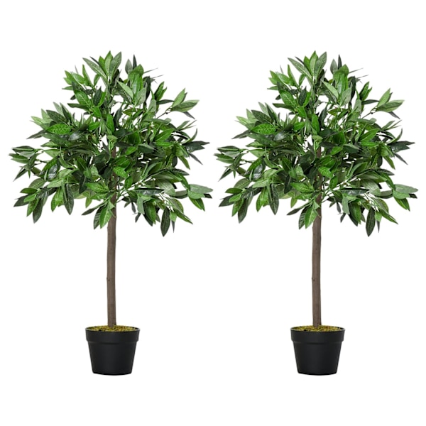 Rootz Set of 2 Artificial Laurel Tree - Faux växter - Plastlövverk - Inget underhåll krävs - 90 cm x Ø16cm - Cementkruka