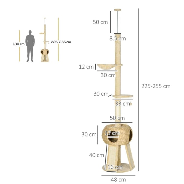 Rootz Kattekradsestolpe - 1 Kattehule - 1 Kattehængekøje - 1 liggeflade - Sisalreb - Naturlig + Beige - 48 cm x 48 cm x 255 cm