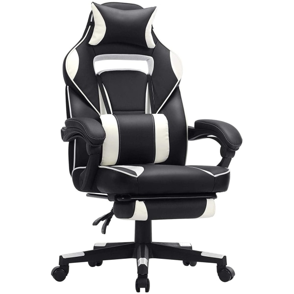 Rootz Gaming Chair - Kontorstol - Drejestol - Udtrækkelig fodstøtte - Nakkestøtte - Ergonomisk - Vippefunktion - Sort - Hvid - 67 x 66 x 116-126 cm