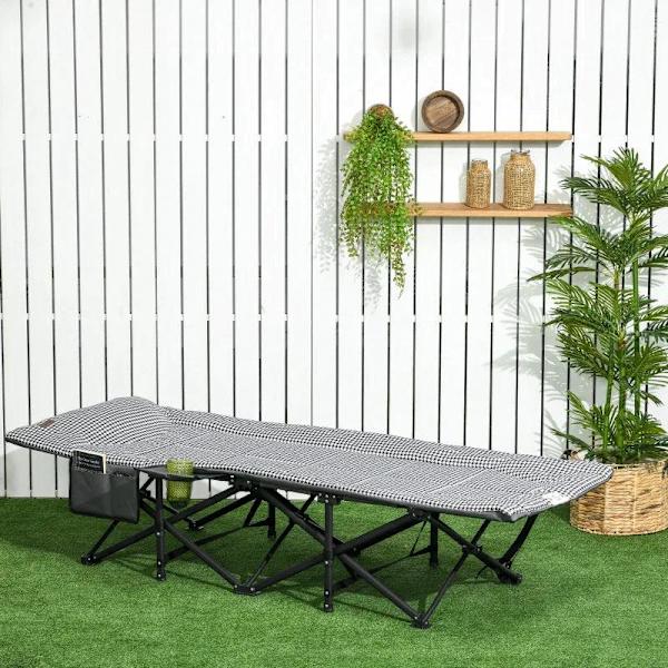 Rootz solstol - hopfällbar solstol - 1 sidficka - 1 mugghållare - svart + vit - 68cm x 186cm x 48cm