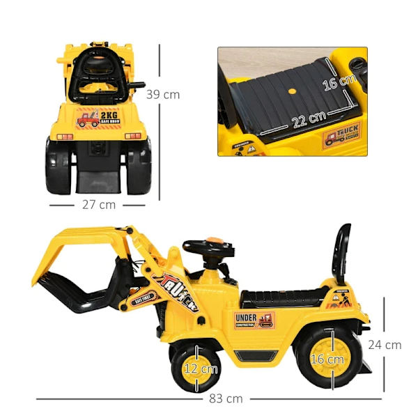 Rootz ride-on gravemaskine - Klo - Horn - Lydeffekter - Opbevaringsplads - Tipbeskyttelse - Børn 3-4 år - Polypropylen - Gul+Sort - 83L x 27W x 39H cm