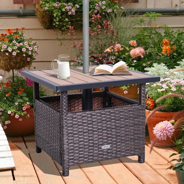 Rootz Garden Table - Side Table - Patio Table - Polyrattan Garden Table - Umbrella Stand For Parasol - Brown - L55.5 x W55.5 x H46 cm