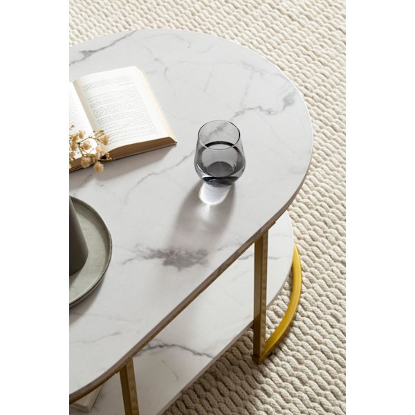 Rootz Modern Design rektangulärt soffbord - Soffbord - Marmorlook - Vit & Guld - Förvaringsområde - Elegant stil - Robust metallram - 100cm x 60cm x 4
