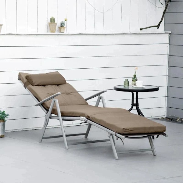 Rootz Trädgårdssäng - Solstol - Strandsäng - Fällbar - Justerbar - Med dyna - Metall/Tyg - Brun/Silver - 137 x 63,5 x 100,5 cm