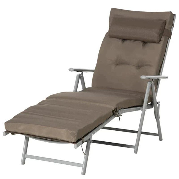 Rootz Trädgårdssäng - Solstol - Strandsäng - Fällbar - Justerbar - Med dyna - Metall/Tyg - Brun/Silver - 137 x 63,5 x 100,5 cm
