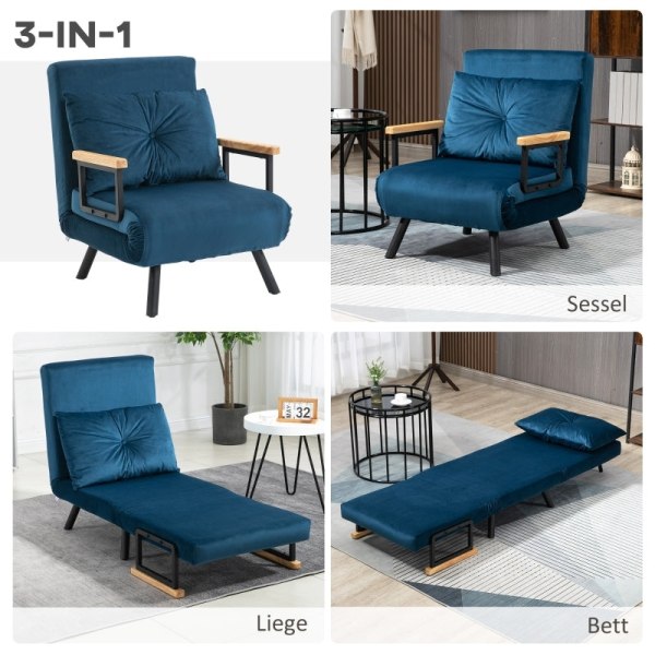 Rootz Afslapningsstol - Hvilestol - Læsestol - Justerbart ryglæn i 5 niveauer - Ekstra pude - Stålramme - 63W x 73D x 81H cm (Sofa) / 185W x 63D x 26H