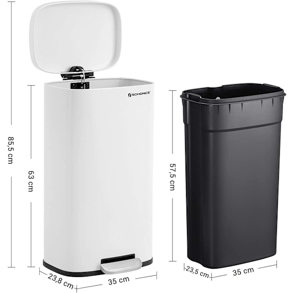 Rootz skraldespand - 30L - Pedalspand - Affaldsspand - Indvendig spand - Hængslet låg - Softclose - Hvid - 35 x 23,8 x 63 cm
