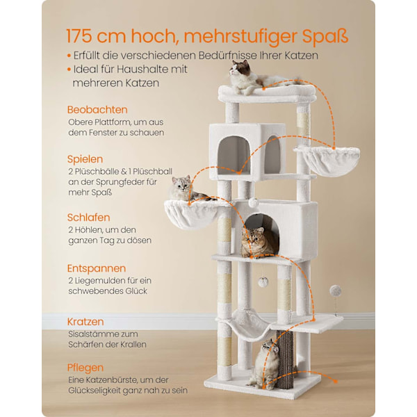 Rootz Scratching Tree - Cat Tower - Cat Climbing Post - 2 huler & dyser - 175 cm høj, hvid, træspanel, sisal - 57x45x175cm