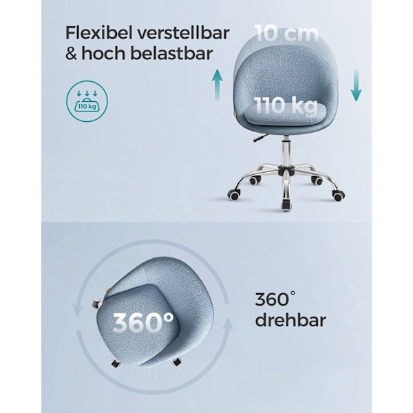 Rootz Blue Swivel Chair - Ergonomisk stol - Roterende stol - Stålstel - Bomuld-linned blanding - Justerbar højde - 60cm x 60cm x 80-90cm