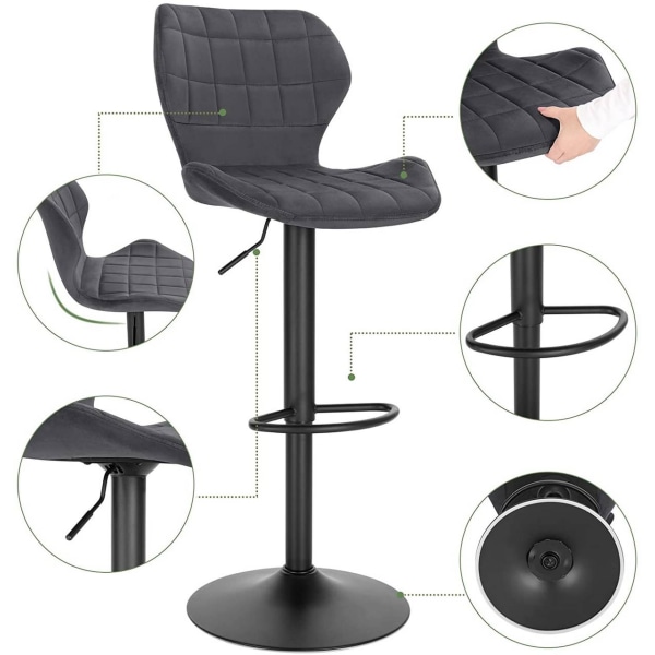 Rootz Velvet Swivel Barstol - Justerbar bordstol - Roterende sæde - Komfortabelt, sikkert, stilfuldt - 48cm x 38cm x 60-82cm