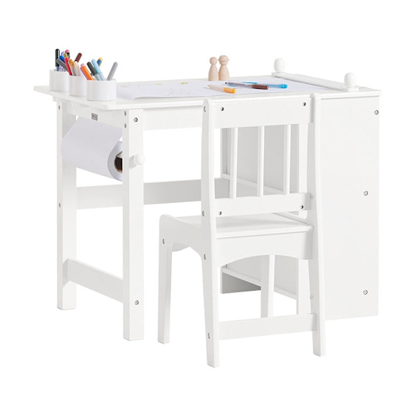 Rootz børnebord og stolesæt - Studiebord - Aktivitetsbord - Holdbar MDF og fyrretræ konstruktion - Opbevaringshylder - Papirrulleholder - Højt ryglæn