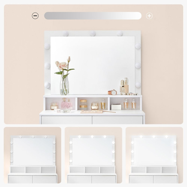 Rootz Toiletbord - Med spejl og glødepærer - Makeup Toiletbord - Oplyst spejlkommode - Kosmetisk vaskebord - Spånplade - Melaminbelægning - Hvid - 80