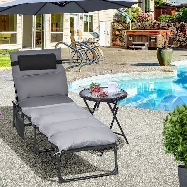 Rootz Folding Lounger - 5-stegs ryggstöd - Kudde - Upp till 120 kg - Stål - Ljusgrå - 58 x 189 x 32,5 cm