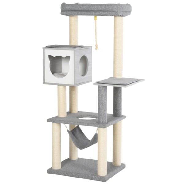 Rootz Scratching Cat Tree Climbing - Grå, Hvid - Spånplade, Sisal, Plys - 23,22 cm x 148,89 cm x 61,02 cm