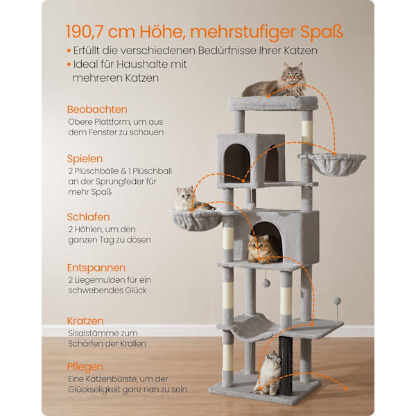 Rootz Scratch Tree - Cat Climbing Tower - Feline Activity Center - 190,7 cm Hög - 2 grottor - 59 cm x 48 cm x 190,7 cm - Grå