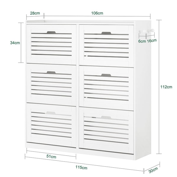 Rootz Skoskab med 6 klapper - Skovipper - Skokommode - Alsidig opbevaring - Pladsbesparende design - Nem montering - Hvid - 115 cm x 112 cm x 30 cm