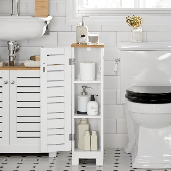 Rootz smalt toiletpapirskab - Badeværelsesopbevaring - Pladsbesparende - MDF-konstruktion - Skimmelmodstandsdygtig - Luftgennemtrængelige lameller - 2