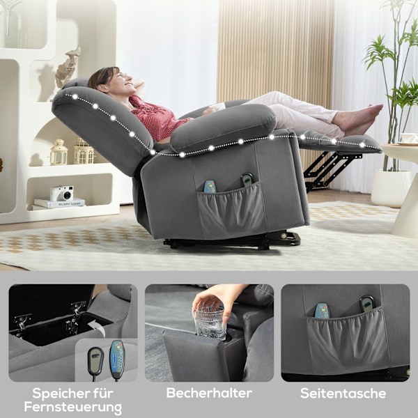 Rootz Electric Riser Stol - Liggende lænestol - Power Lift -stol - USB -porte, massage og varme - 101 cm x 93 cm x 104 cm