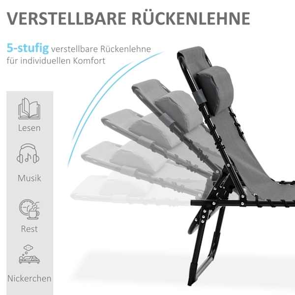 Rootz Doll Chair - Folding Lounger - Outdoor Recliner - Med nackkudde - 185 cm x 58 cm x 30 cm - Stöder 120 kg - stålram, nätskydd, grå