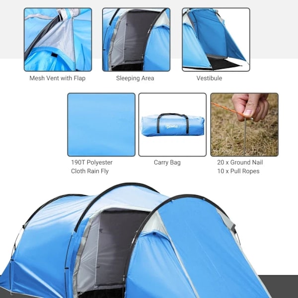 Rootz Campingtelt - Pop-up telt - Forværelse - Transporttaske - Soveplads - Vandtæt - Bæretaske - Polyester - Glasfiber - Lyseblå - 426L x 206W x 154H