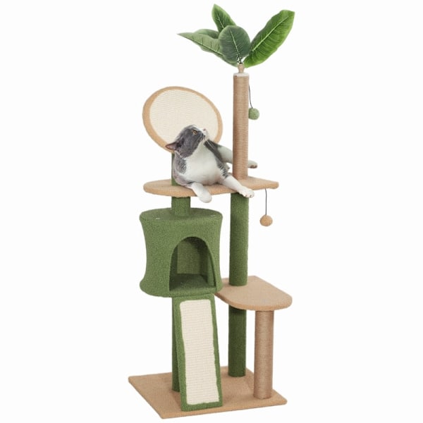 Rootz Cat Tree med konstgjorda löv - Skrapstolpe - Lekcenter - Plysch & Jute Comfort - 48L x 44W x 139H cm