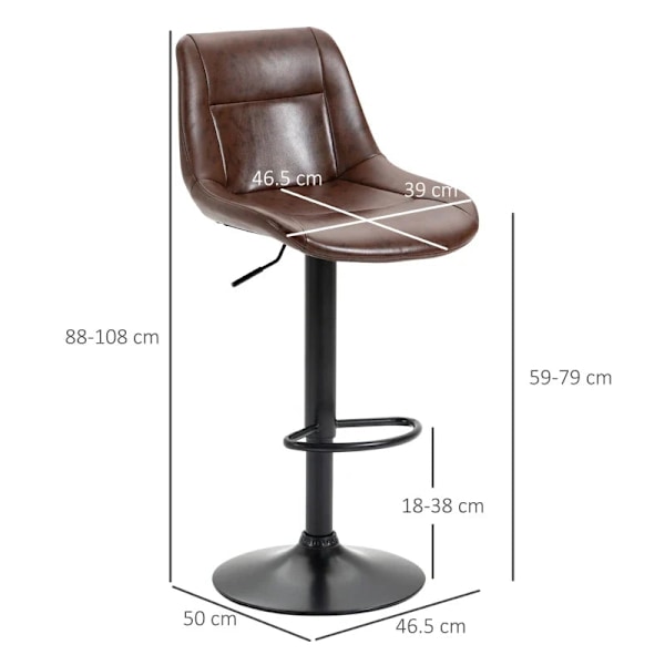 Rootz sæt med 2 barstole - Højdejusterbar - Inklusiv fodstøtte - Moderne køkkentaburetter - PU-læder - Sort + Brun - 46,5 cm x 50 cm x 108 cm