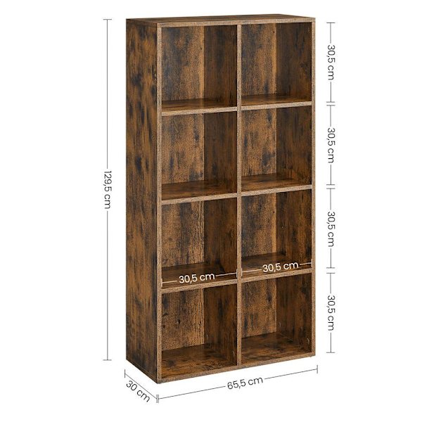 Rootz reol - reol med 8 rum - reol - træ reol - moderne reol - vægmonteret reol - spånplade - vintage brun - 30 x 65,5 x 129,5 cm (D x B x H)