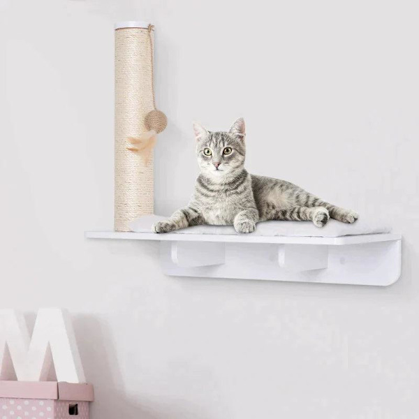 Rootz Skrapstolpe - Kattstol - Katthylla - Plyschdyna - Liggstol med skrapa - Vit - 55 x 30 x 50 cm