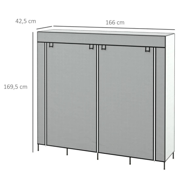 Rootz-vaatekaappi - Kangaskaappi - Ovet - 2 vaatetankoa - 10 lokeroa - Vilesstoff - Teräs - Harmaa - 166L x 42,5L x 169,5K cm