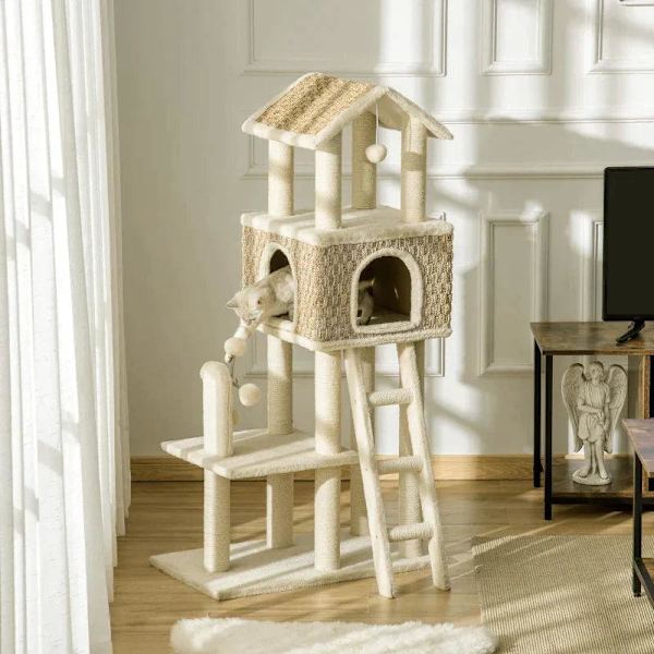 Rootz Skrapstolpe - Med kattgrotta - Katthus - Kattbur - Kattmöbler - Khaki/Beige/Kaffe - 69L x 40B x 131H cm