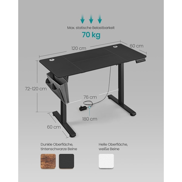 Rootzin sähköinen korkeussäädettävä työpöytä - Seisova pöytä - Moottoroitu työasema - Lastulevy ja teräs - 60cm x 120cm x (72-120)cm