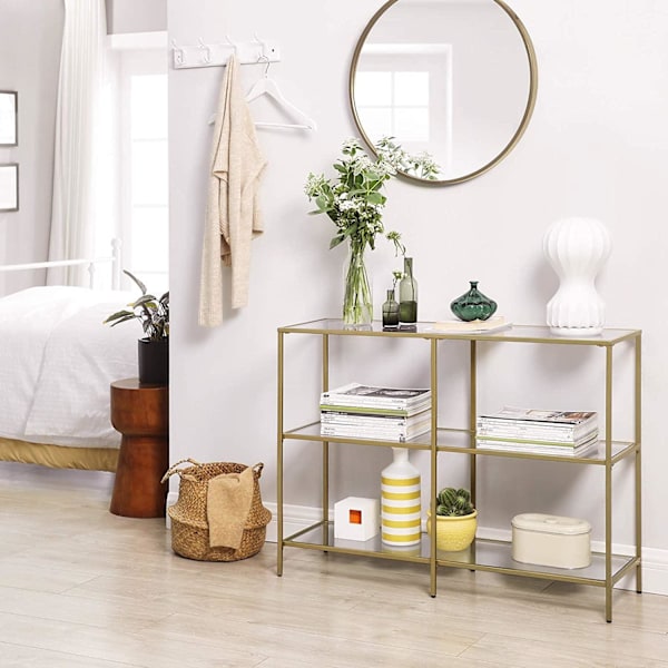 Rootz Konsolbord - Sidobord - 3 hyllor - Förvaringsställ - Glas - Metall - Guld - 100 x 30 x 73 c