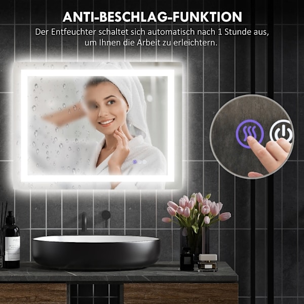 Rootz LED-badrumsspegel - Väggmonterad sminkspegel - Sminkspegel - Justerbar belysning - Anti-dimteknik - 80cm x 60cm x 4cm