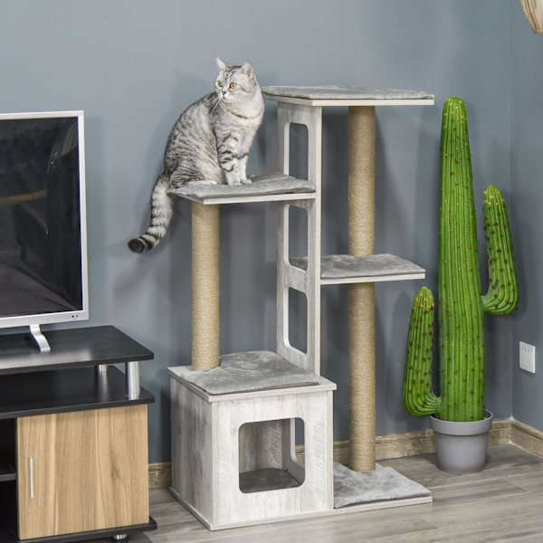 Rootz Cat Tree Kradsestolpe - Grå - Konstrueret træ, jute, plys - 26,38 cm x 15,16 cm x 44,88 cm