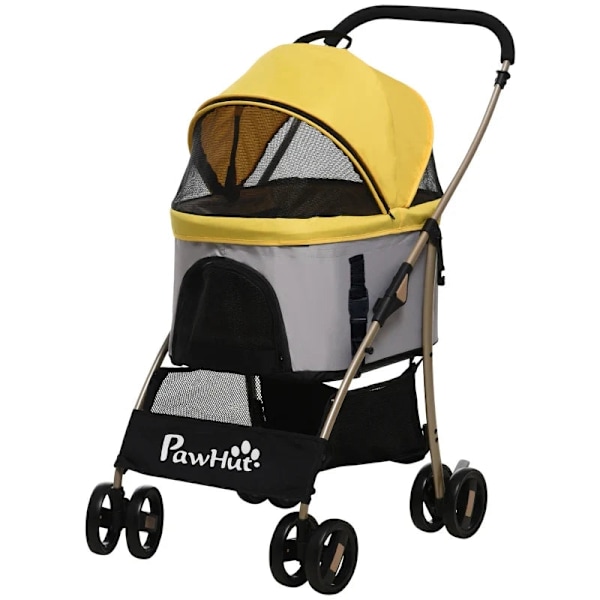 Rootz 2-in-1 Dog Buggy - Taitettava koiravaunu - 1 kori - 1 laukku - Koiran rattaat - Yleispyörän jarru - Katos - Keltainen - 82 cm x 49,5 cm x 98 cm