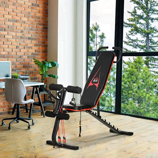 Rootz Vægtbænk - Justerbar træningsbænk med elastisk reb - Sit-up bænk til hjemmetræning - 6 niveauer - Ryglænet hældning - Vægt op til 150 kg - Synte