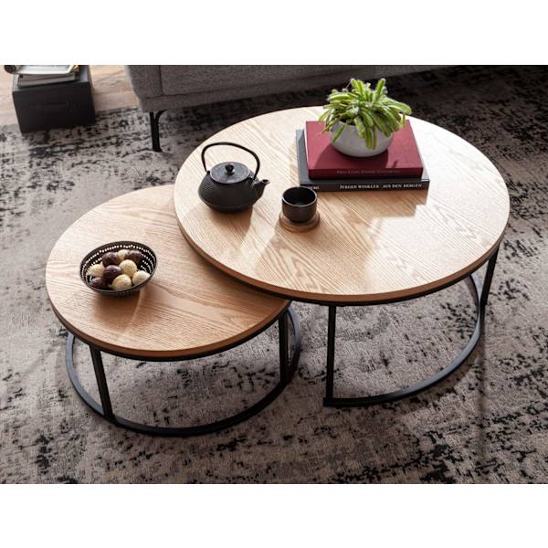 Rootz sofabord sæt af 2 træ - metal sofabord rund eg moderne - Design sidebord 2-delt - Runde stueborde - Træbord indskudsborde