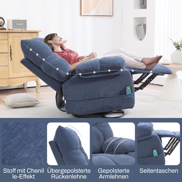 Rootz Massagestol - TV hvilestol - Chenille stof - Varmefunktion - 145° tilbagelænet - 98cm x 90cm x 98cm