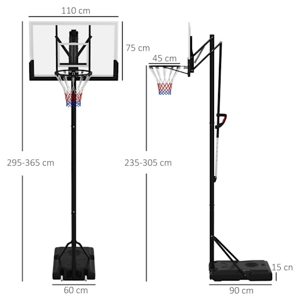 Rootz Basketball Hoop Stand - Justerbar kurv - Mobilt bagplade - Splintfrit design - 110 cm x 75 cm - Højde 295-365 cm