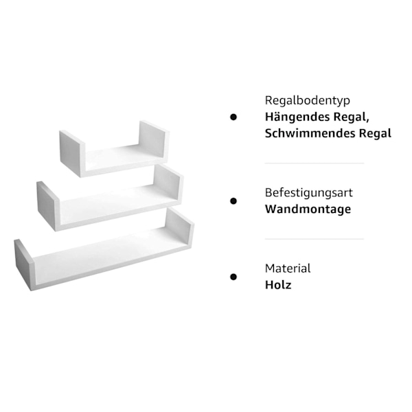 Rootz væghylder - U-formet display - Hængende reol - Dekorativ opbevaring - Vægtavlesæt - Flydende afsatser - Hvid - 26x9,7x6cm, 34x9,7x7,5cm, 42x9,7x