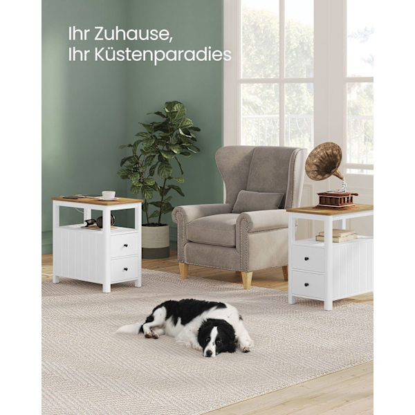 Rootz Sidebord med Power Strip - Endebord - Natbord - Træspånplade - MDF - Valnød Brun-Hvid - 60 cm x 35 cm x 60 cm - 17 kg - 90 kg Max belastningskap