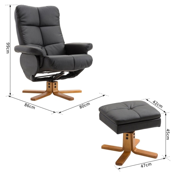 Rootz Relax stol - Fodstøtte - Fodskammel - Kunstlæder - Massivt træ - Liggefunktion - 80 x 86 x 99 cm - Sort