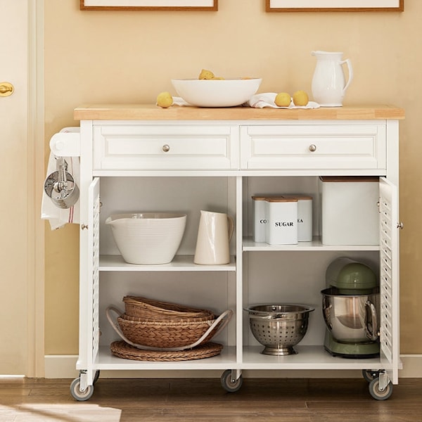 Rootz Kitchen Island Cart - Udvidelig bordplade - Køkkenvogn - Opbevaringsskab - Justerbare hylder - Håndklædeholder - Mobil med 5 hjul - Hvid - 115cm
