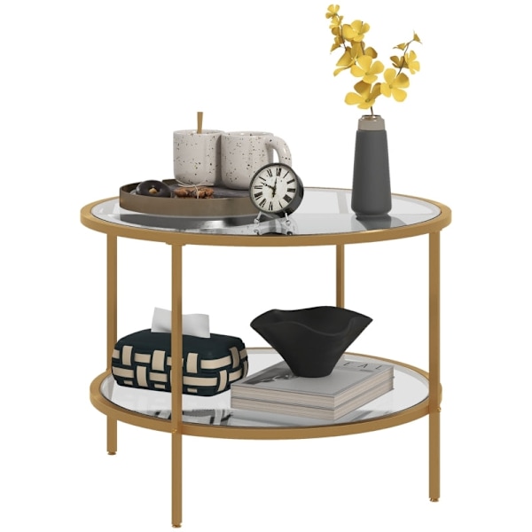 Rootz sidobord - Modernt sängbord - Nattduksbord - Härdat glas - Pulverlackerat stål - 60 cm x 43 cm - 2-vånings hylla - Guld