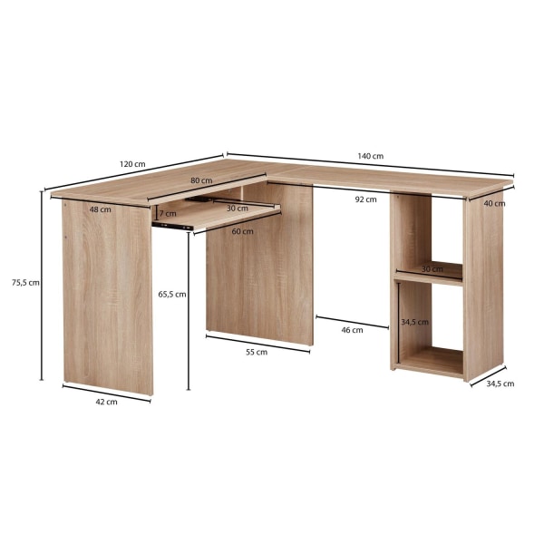 Rootz design skrivebord 140 x 75,5 x 120 cm Sonoma - Skrivebord med hylde arbejdsværelse hjemmekontor bord kontor moderne