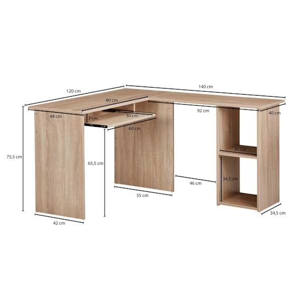 Rootz designskrivbord 140 x 75,5 x 120 cm Sonoma - Skrivbord med hylla arbetsrum hemmakontor bord kontor modernt