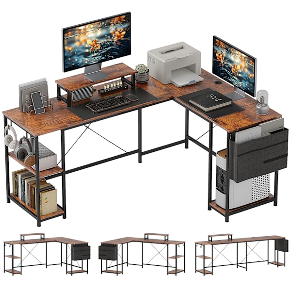 Rootz L -formet skrivebord - alsidig kontorbord - ergonomisk skærmstativ - justerbare hylder - 168 cm x 120 cm x 90 cm