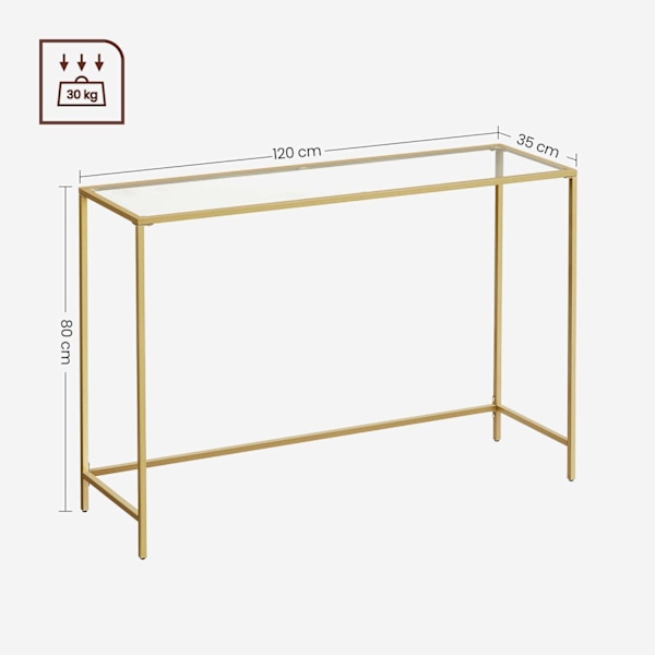 Rootz guldfarvet gennemsigtigt glaskonsolbord - Stålstel - Entrébord - Sofabord - Robust konstruktion - Nem montering - 35 cm x 120 cm x 80 cm