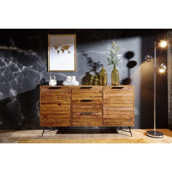 Rootz Design skænk 160x40x88 cm Sheesham Solid Wood - Kommode med døre og skuffer - Massiv skænk Industriel - Massivt træskab med metalben
