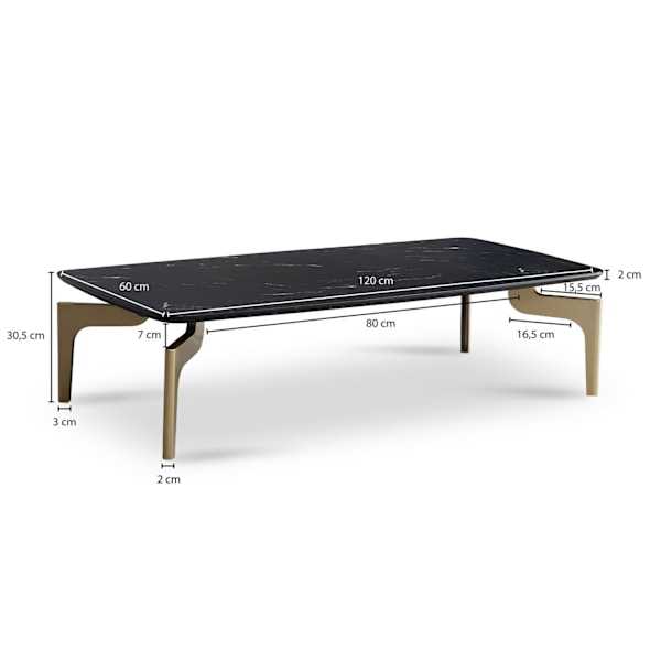 Rootz Modern Design Soffbord - Rektangulärt bord - Marmorlook - Svart & Guld - Stort förvaringsutrymme - 120 cm x 60 cm x 30,5 cm
